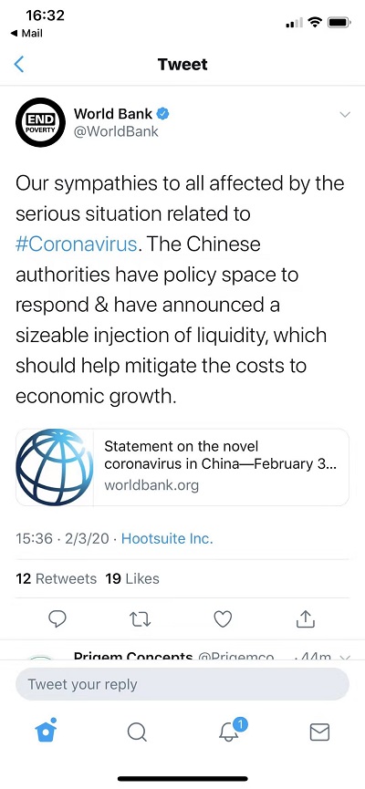 世界银行：对感染新型冠状病毒的所有人感到同情 中国政府拥有充足政策空间应对疫情 